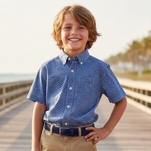 Vineyard Vines Kids Short Sleeve Whale Shirt Button Down Blue Cotton Size S